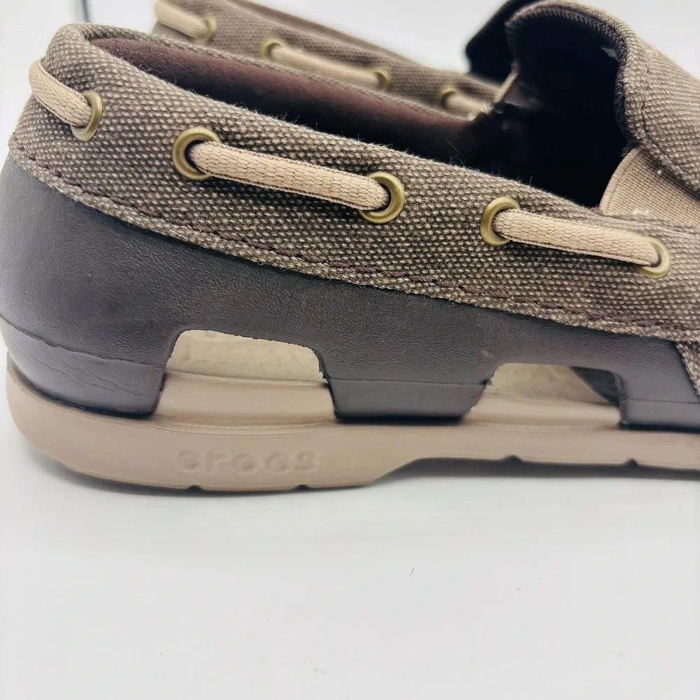 CROCS Men's Brown Canvas Slip-On Boat Shoe with Tan Accents